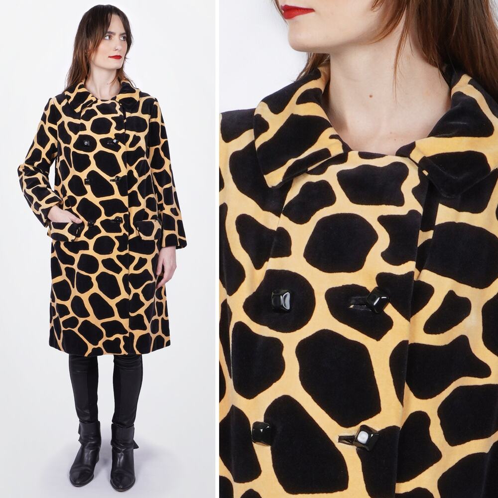 Vtg 1970s Black & Yellow Giraffe Print Velveteen Jacket Travelcoats by Naman | M